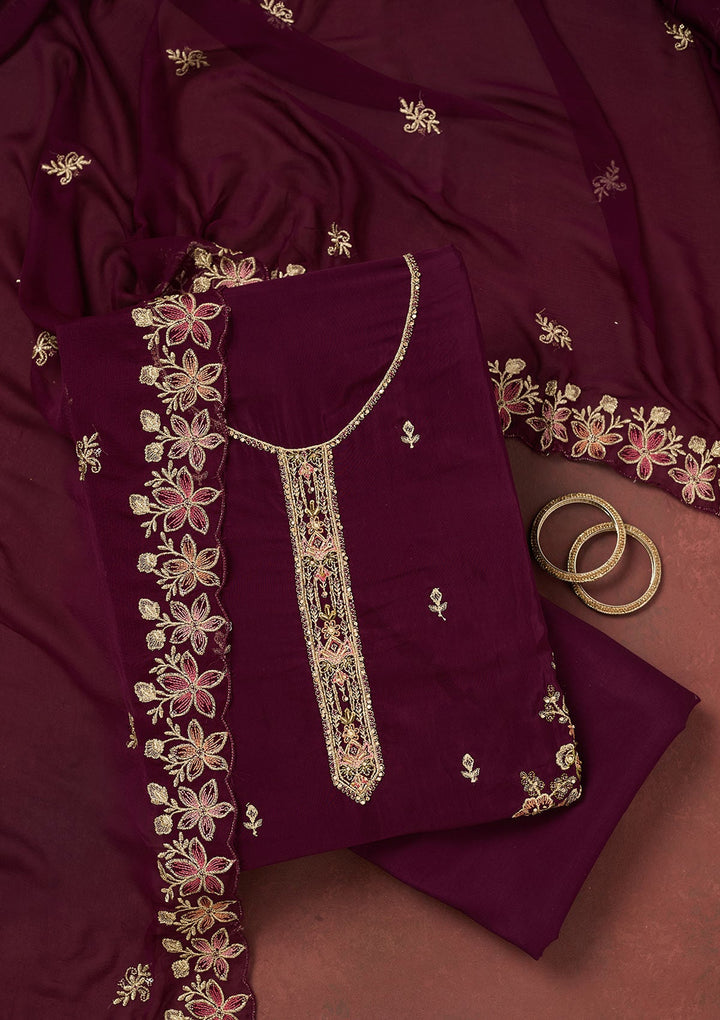 Wine Threadwork Semi Crepe Unstitched Salwar Suit-koskii