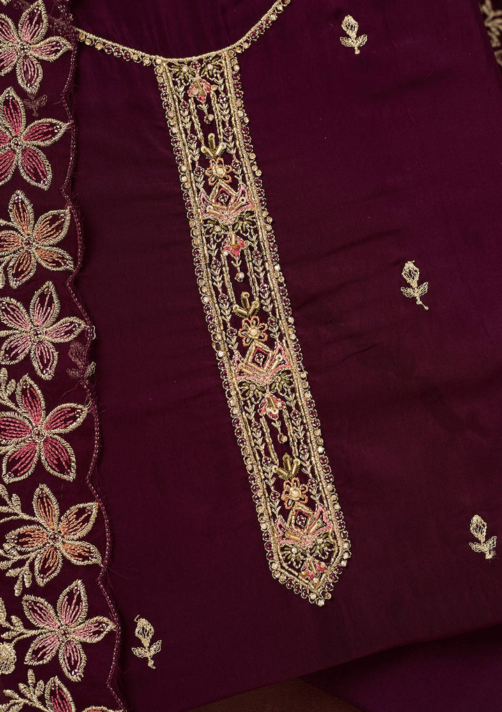 Wine Threadwork Semi Crepe Unstitched Salwar Suit
