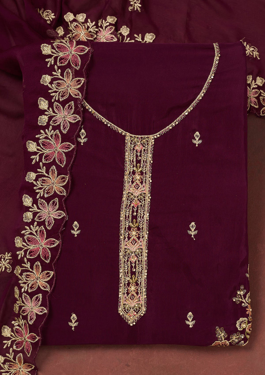 Wine Threadwork Semi Crepe Unstitched Salwar Suit