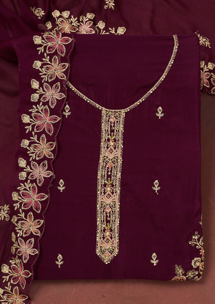 Wine Threadwork Semi Crepe Unstitched Salwar Suit