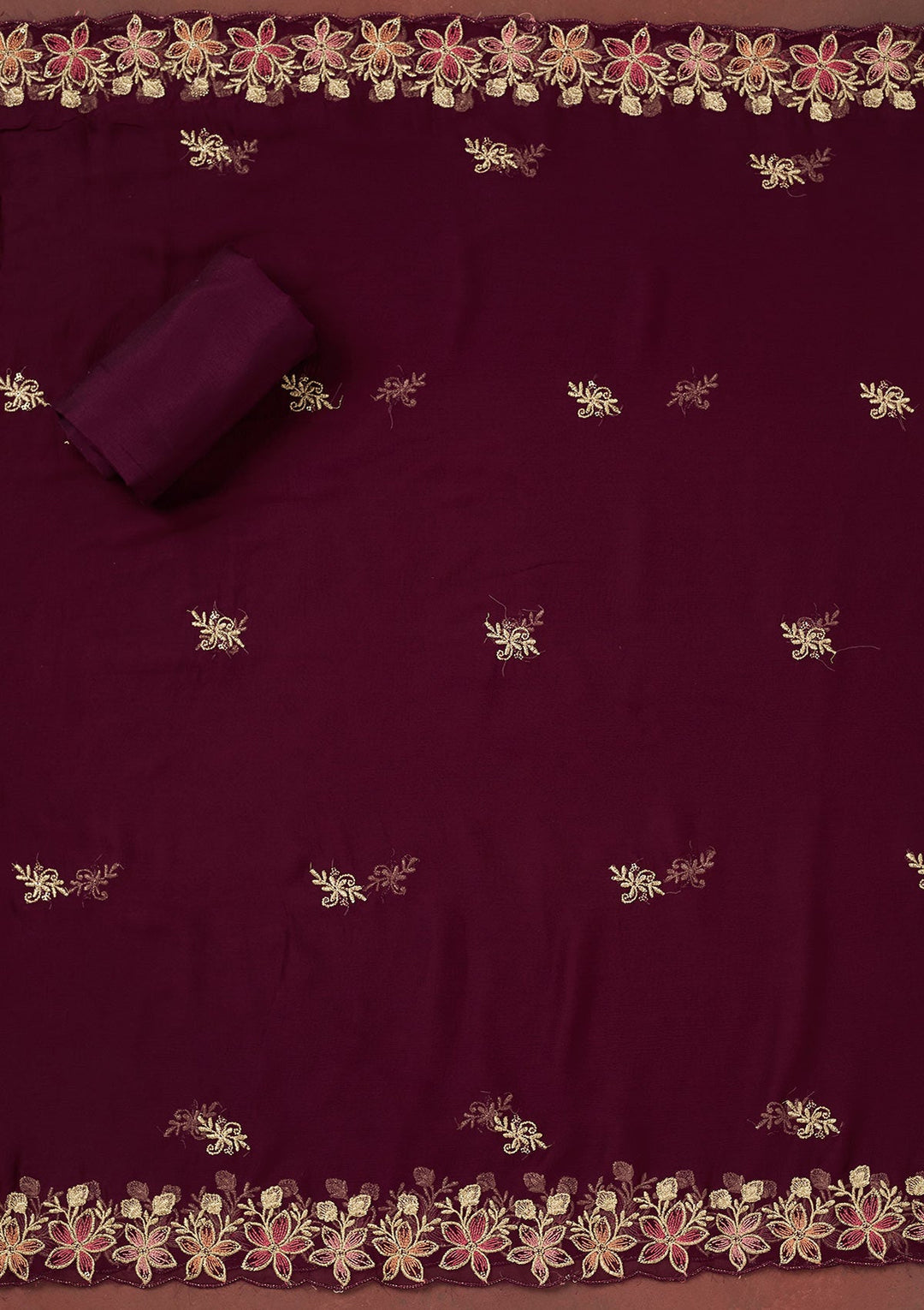 Wine Threadwork Semi Crepe Unstitched Salwar Suit