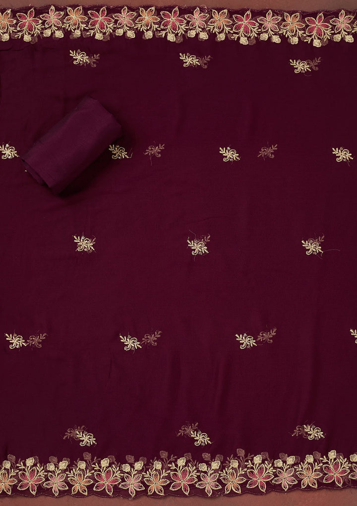 Wine Threadwork Semi Crepe Unstitched Salwar Suit