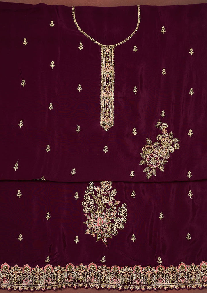 Wine Threadwork Semi Crepe Unstitched Salwar Suit