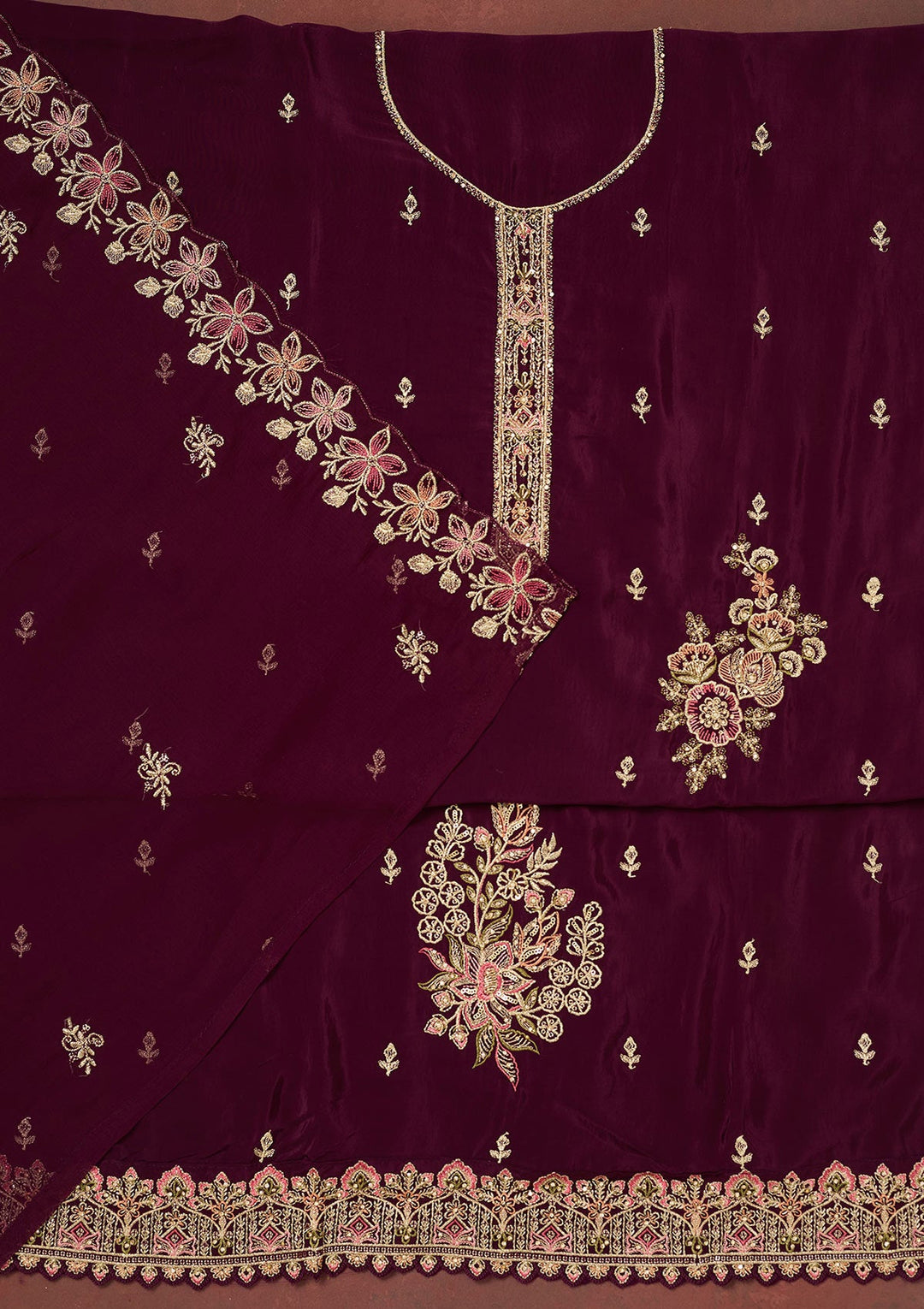 Wine Threadwork Semi Crepe Unstitched Salwar Suit