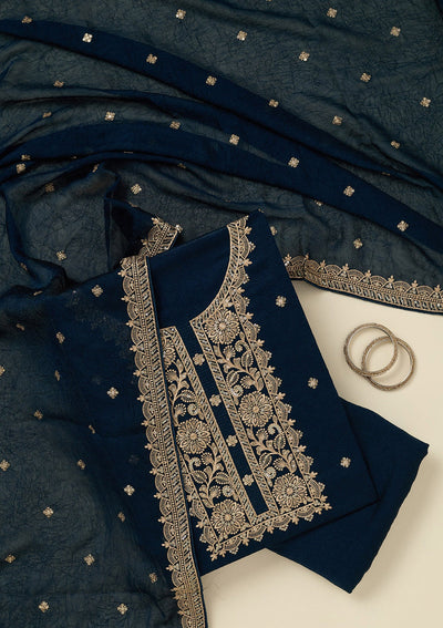 Navy Blue Threadwork Georgette Unstitched Salwar Suit_koskii