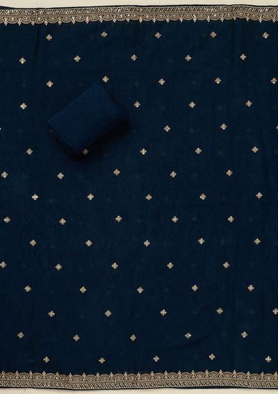 Navy Blue Threadwork Georgette Unstitched Salwar Suit_koskii