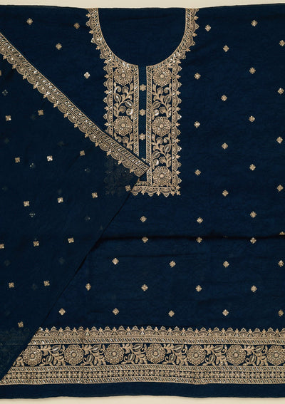 Navy Blue Threadwork Georgette Unstitched Salwar Suit_koskii