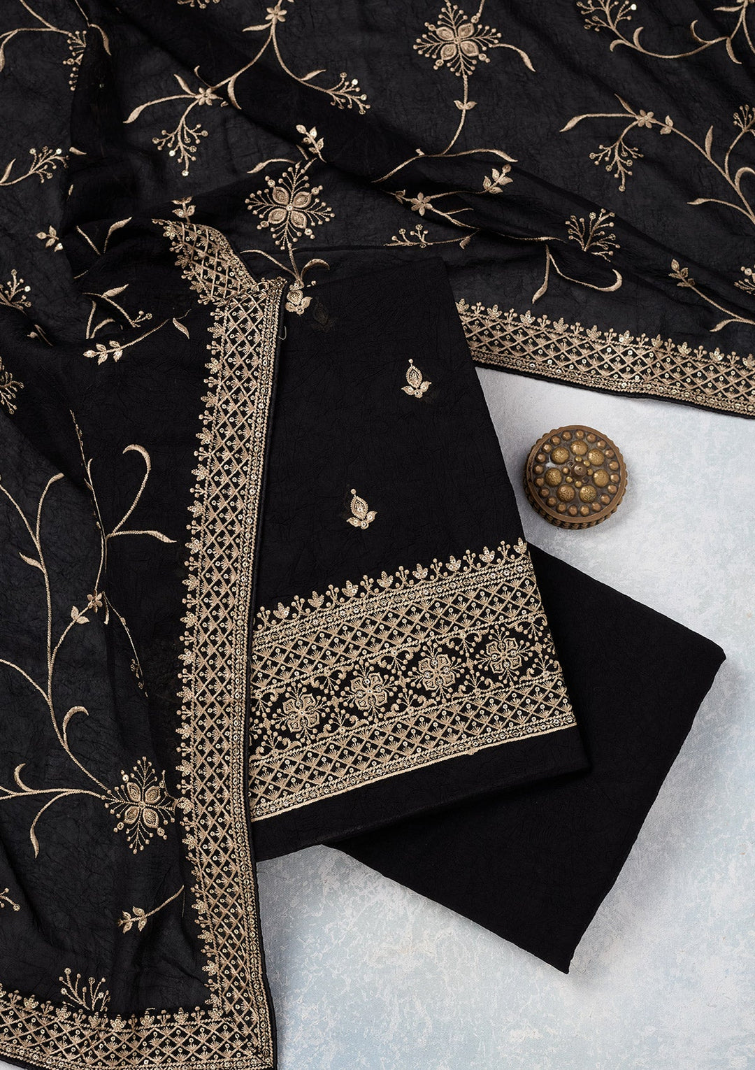 Black Threadwork Georgette Unstitched Salwar Suit-Koskii