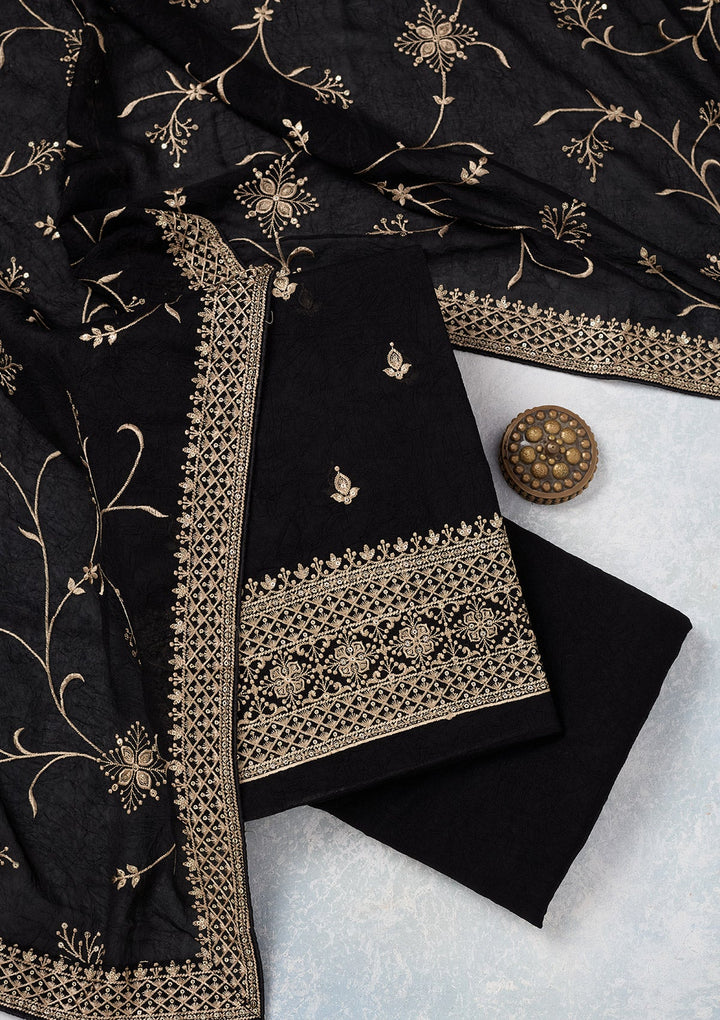 Black Threadwork Georgette Unstitched Salwar Suit-Koskii
