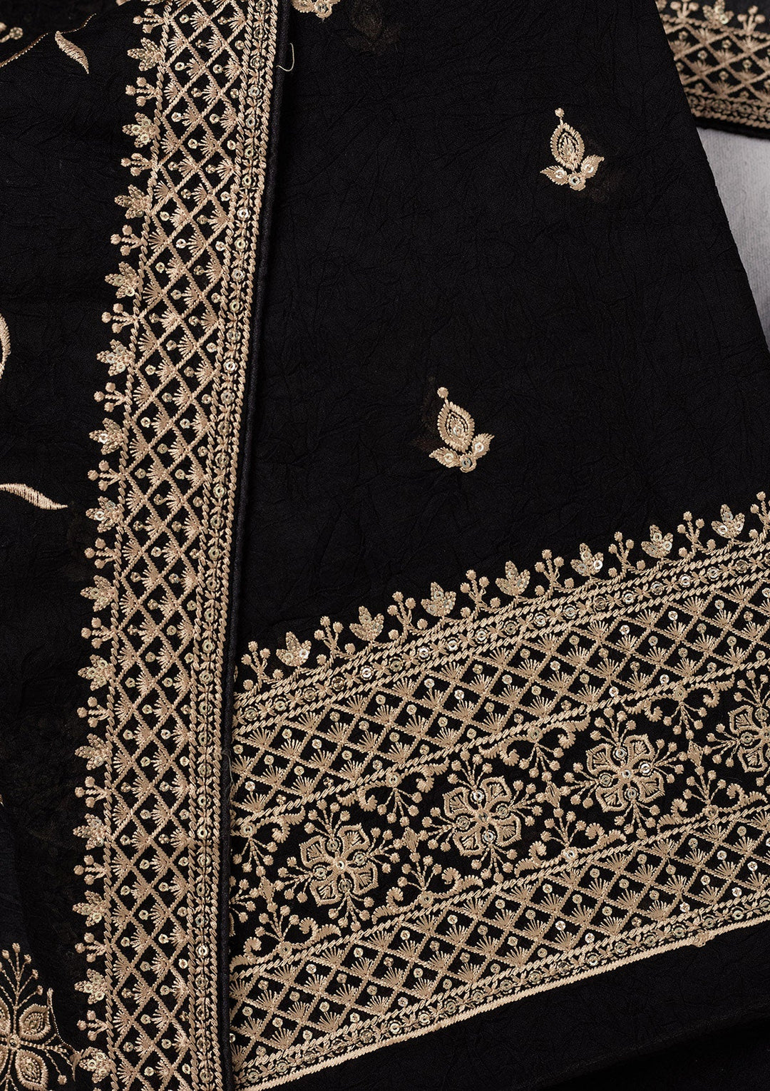 Black Threadwork Georgette Unstitched Salwar Suit-Koskii