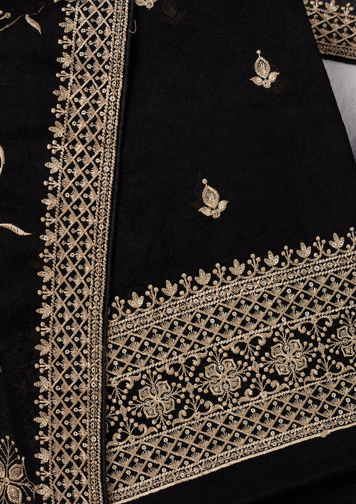 Black Threadwork Georgette Unstitched Salwar Suit-Koskii