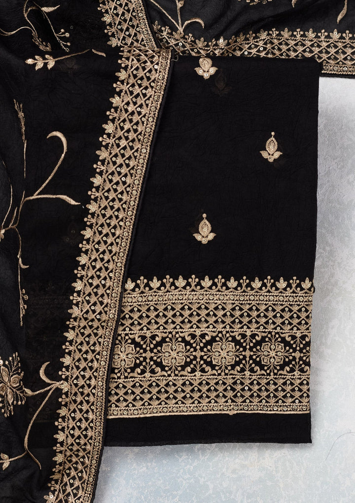 Black Threadwork Georgette Unstitched Salwar Suit-Koskii