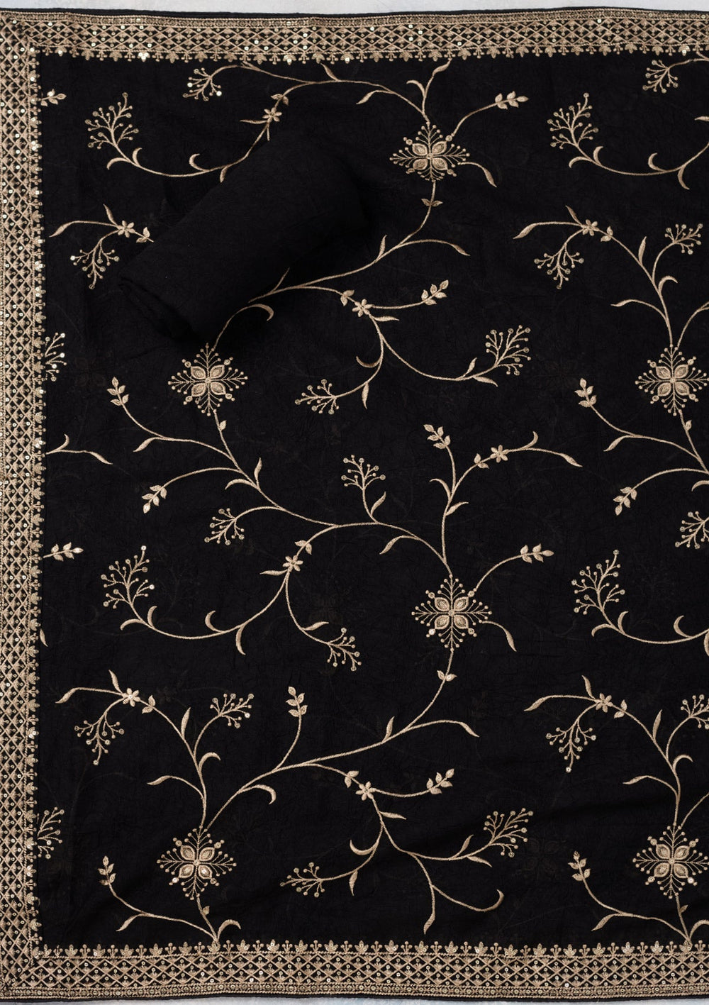Black Threadwork Georgette Unstitched Salwar Suit-Koskii