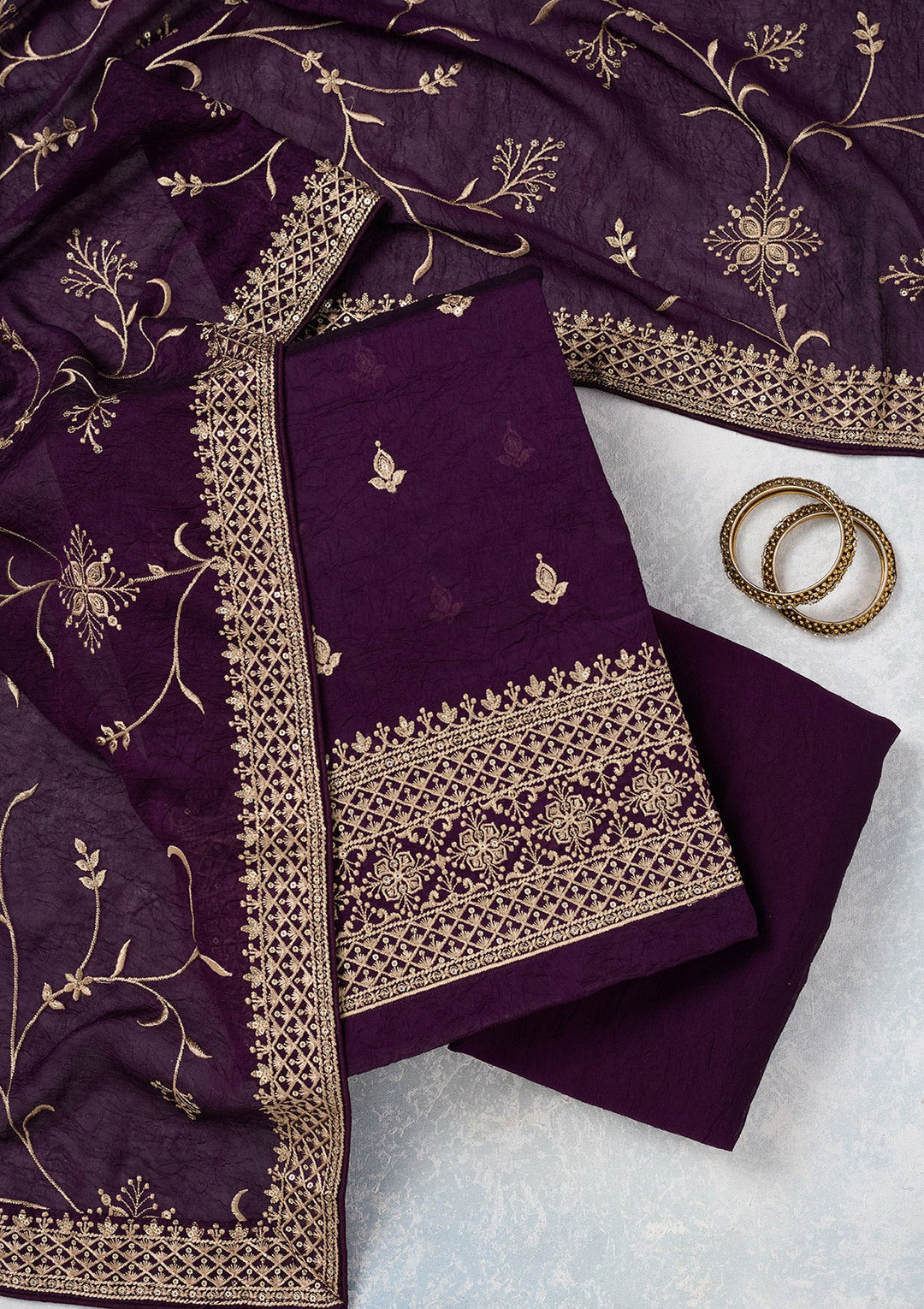 Purple Threadwork Georgette Unstitched Salwar Suit-Koskii
