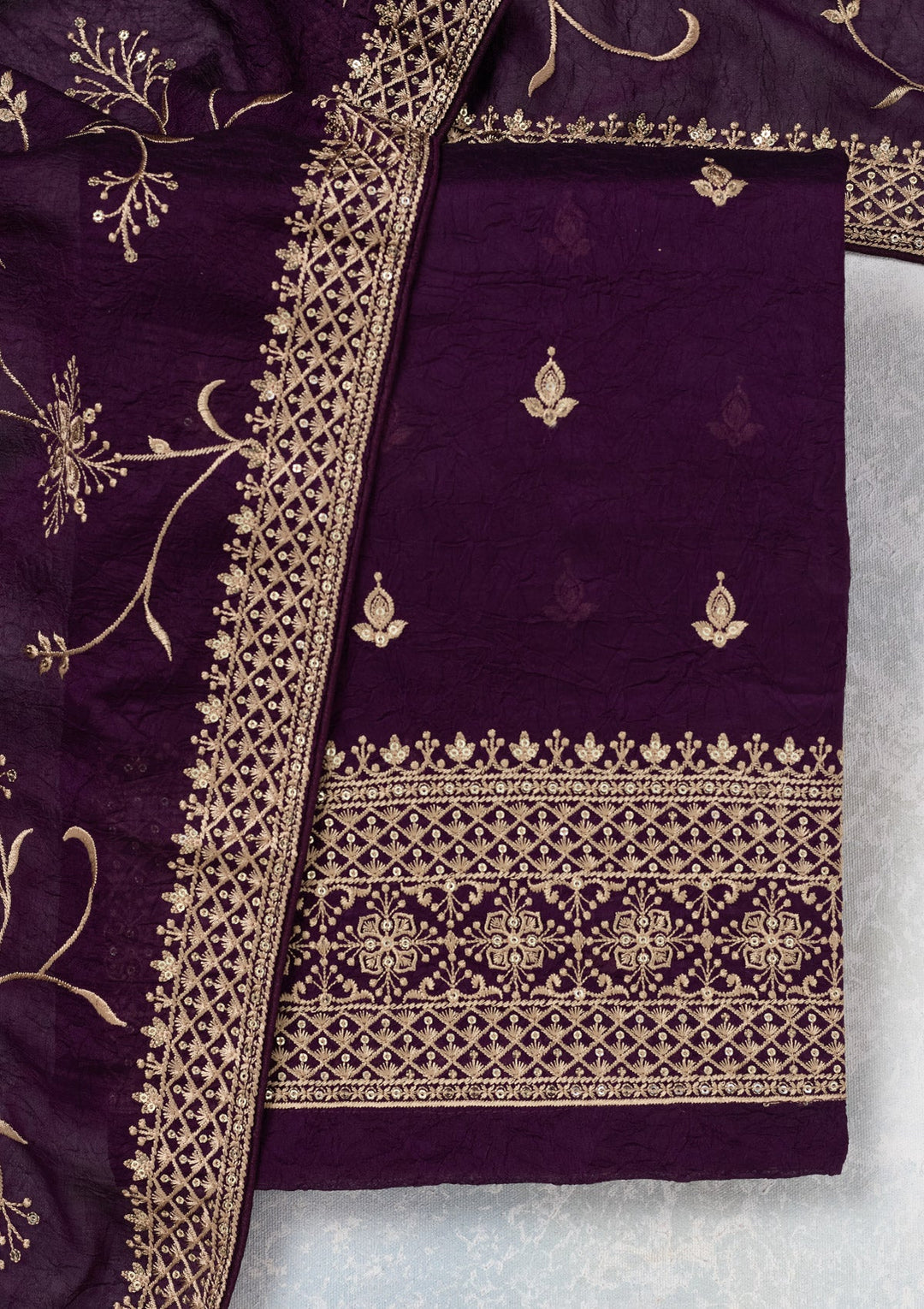 Purple Threadwork Georgette Unstitched Salwar Suit-Koskii
