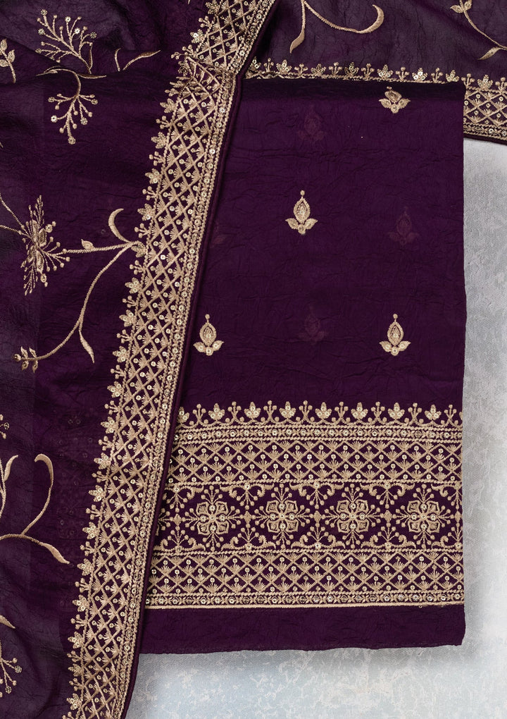 Purple Threadwork Georgette Unstitched Salwar Suit-Koskii