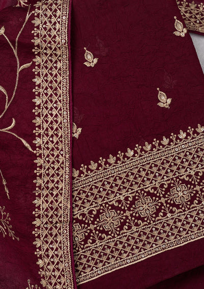 Wine Threadwork Georgette Unstitched Salwar Suit-Koskii