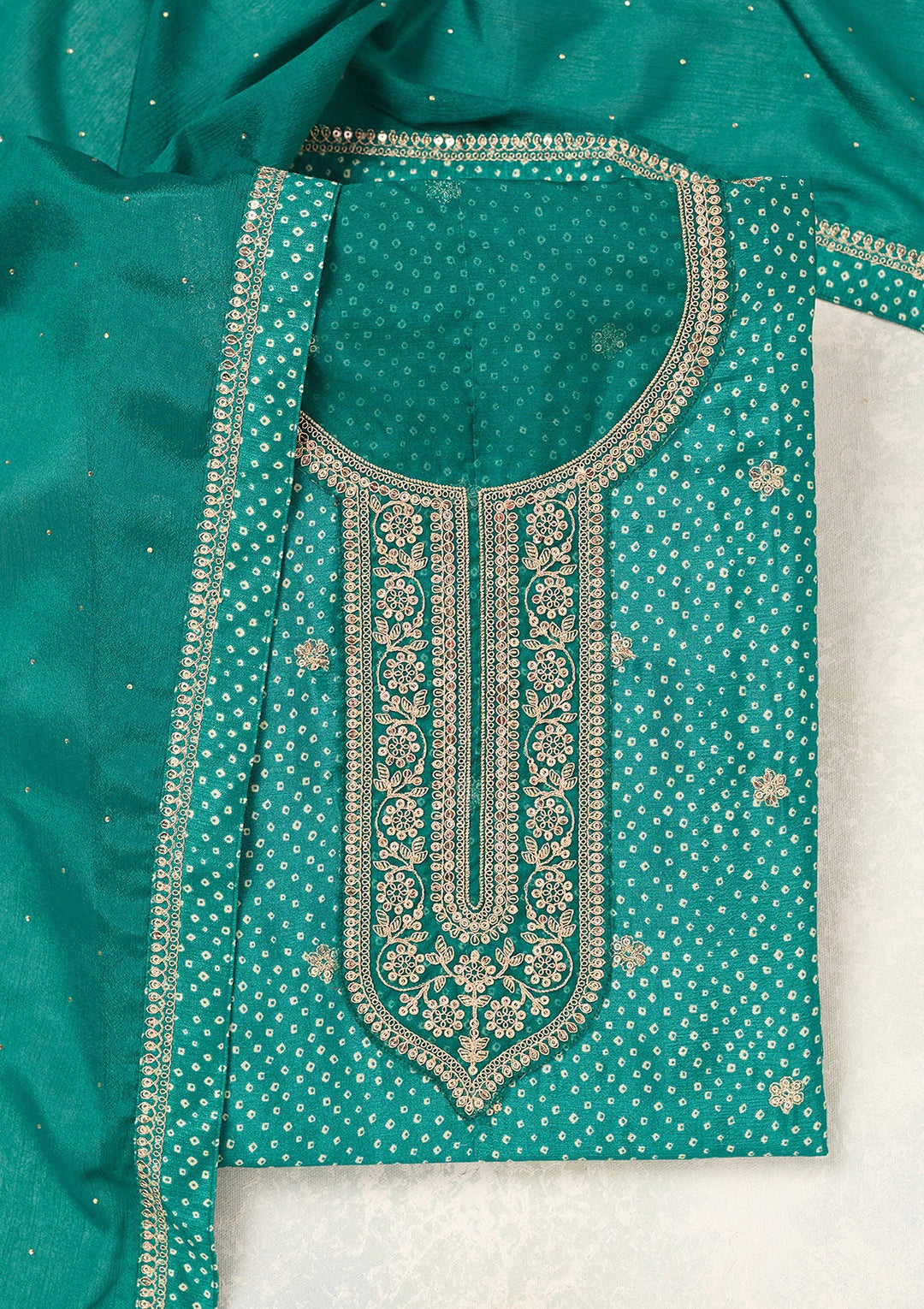 Rama Green Zariwork (Gold) Chinon Unstitched Salwar Suit-Koskii