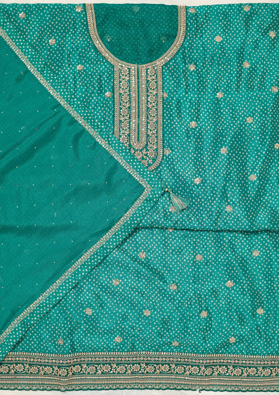 Rama Green Zariwork (Gold) Chinon Unstitched Salwar Suit-Koskii