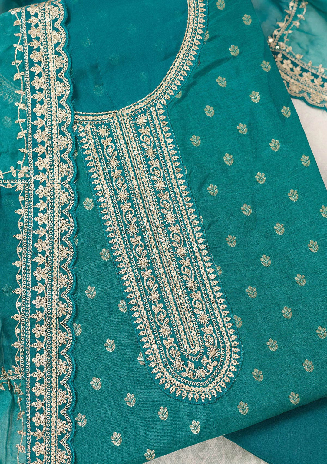 Rama Green Zariwork (Gold) Chinon Unstitched Salwar Suit-Koskii