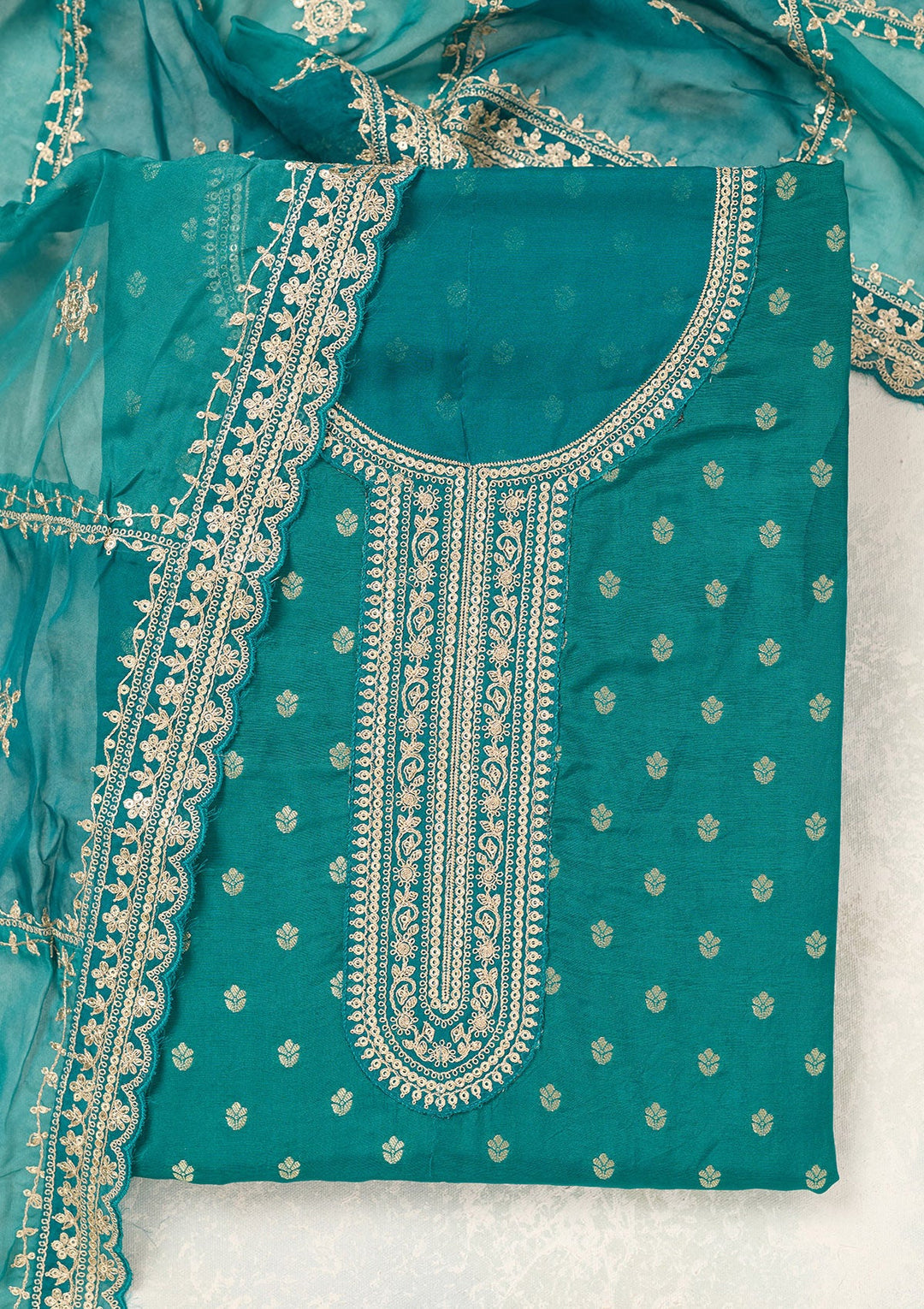 Rama Green Zariwork (Gold) Chinon Unstitched Salwar Suit-Koskii
