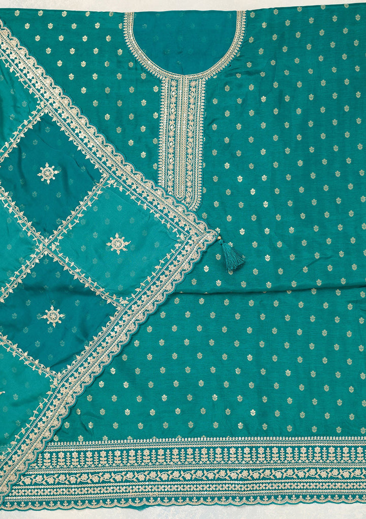 Rama Green Zariwork (Gold) Chinon Unstitched Salwar Suit-Koskii