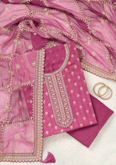 Wine Zariwork (Gold) Chinon Unstitched Salwar Suit-Koskii