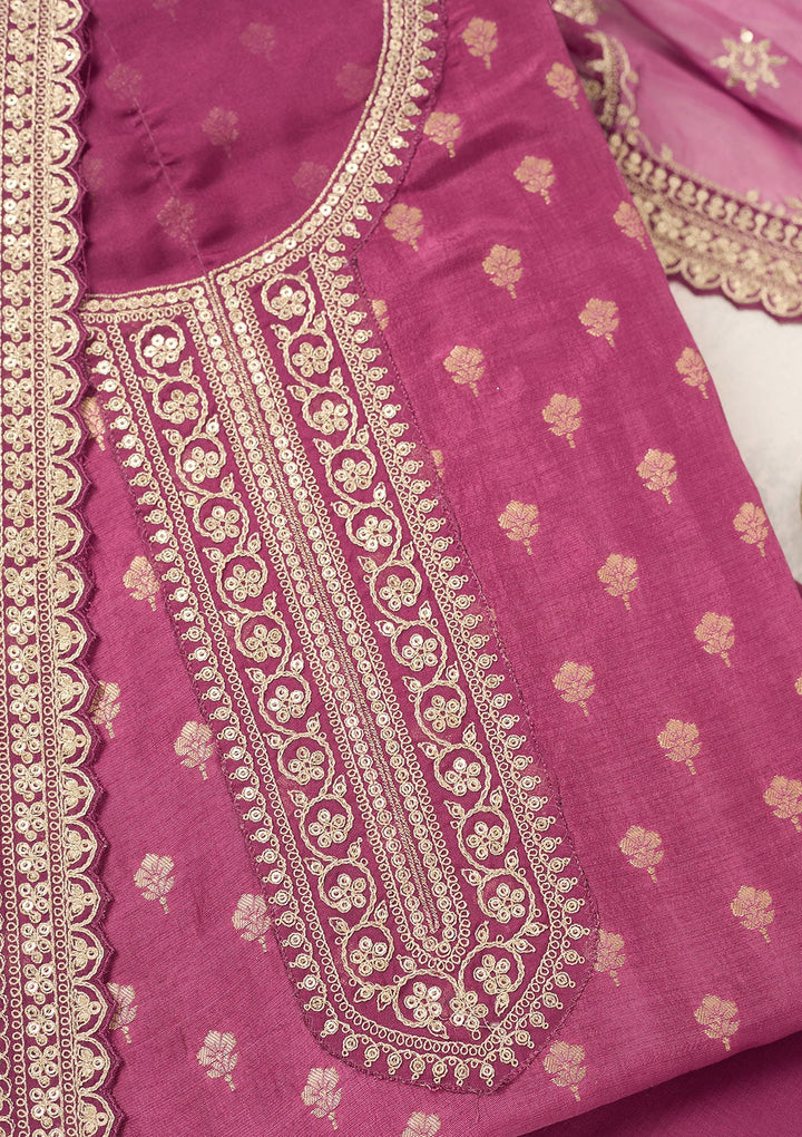 Wine Zariwork (Gold) Chinon Unstitched Salwar Suit-Koskii