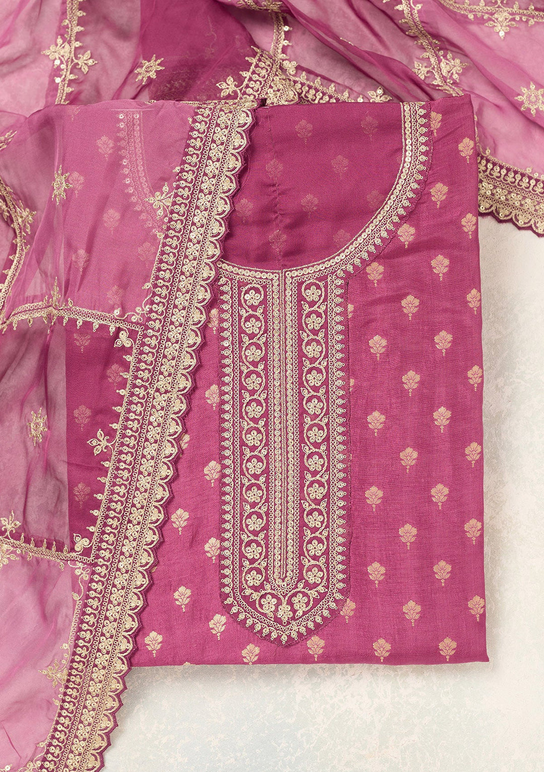 Wine Zariwork (Gold) Chinon Unstitched Salwar Suit-Koskii