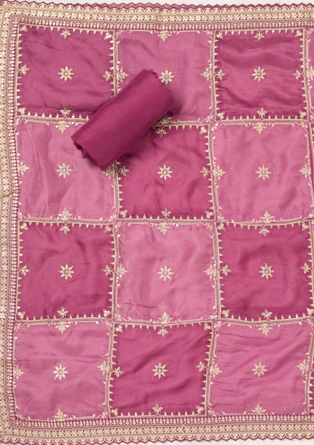 Wine Zariwork (Gold) Chinon Unstitched Salwar Suit-Koskii