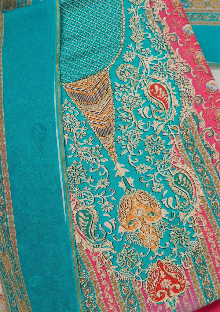 Blue Zariwork (Gold) Semi Crepe Unstitched Salwar Suit_koskii