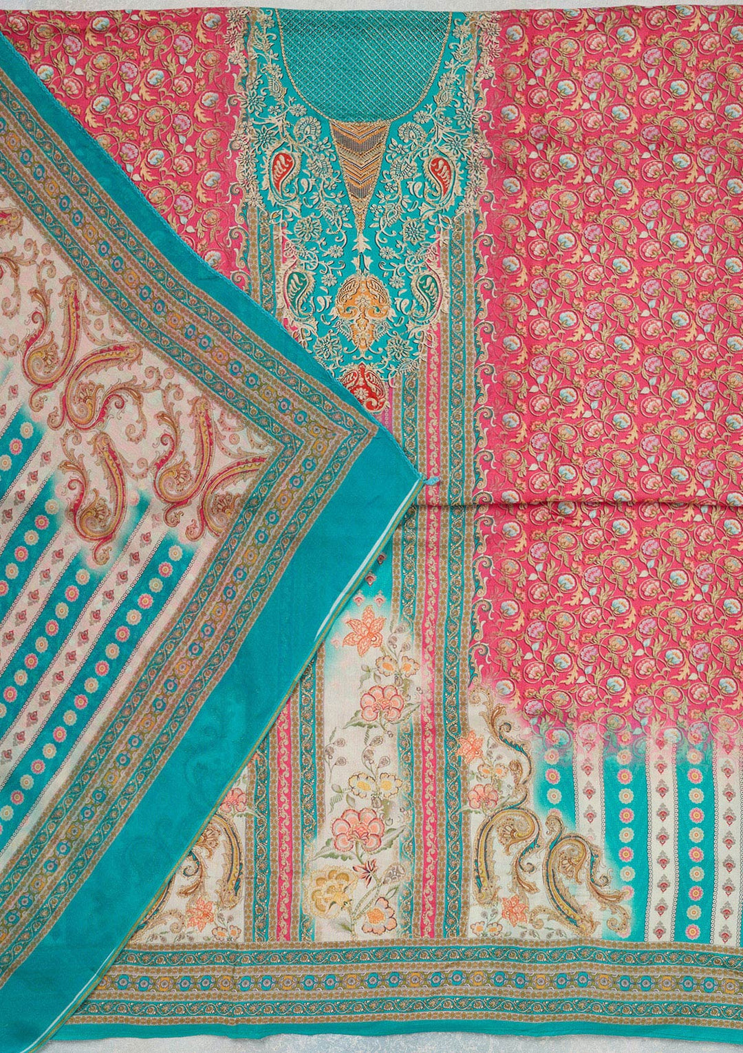 Blue Zariwork (Gold) Semi Crepe Unstitched Salwar Suit_koskii