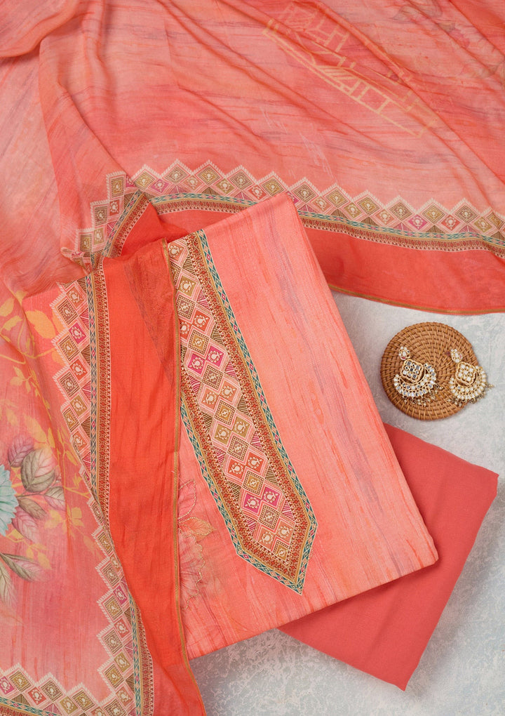 Peach Zariwork (Gold) Semi Crepe Unstitched Salwar Suit_koskii