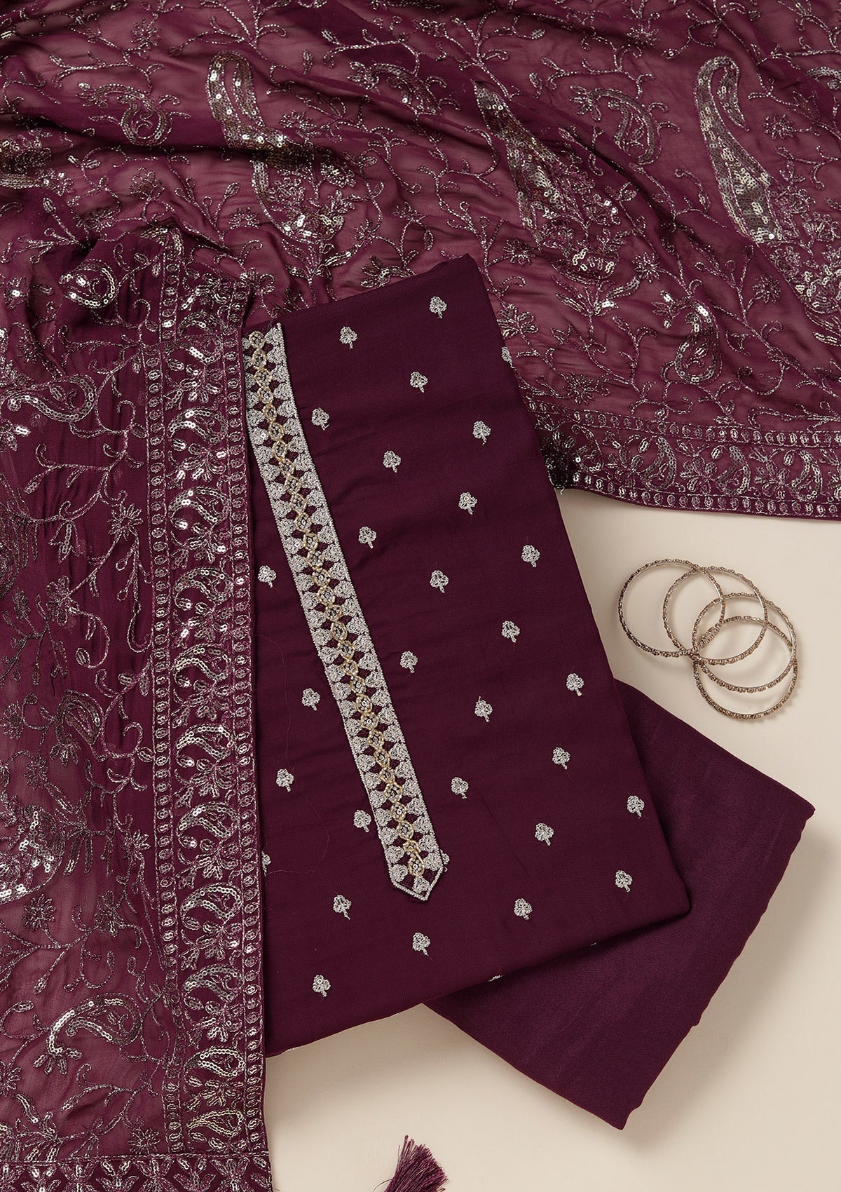 Purple Sequins Organza Unstitched Salwar Suit_koskii