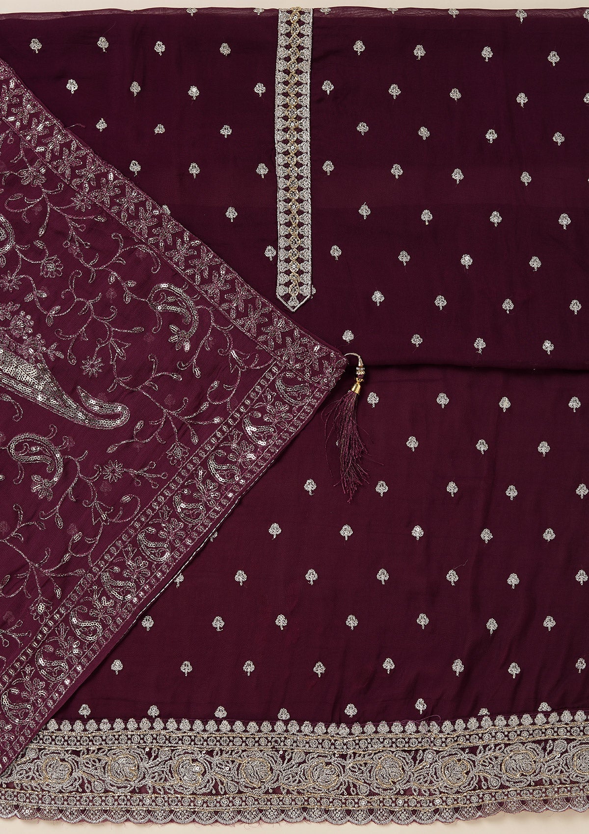 Purple Sequins Organza Unstitched Salwar Suit_koskii