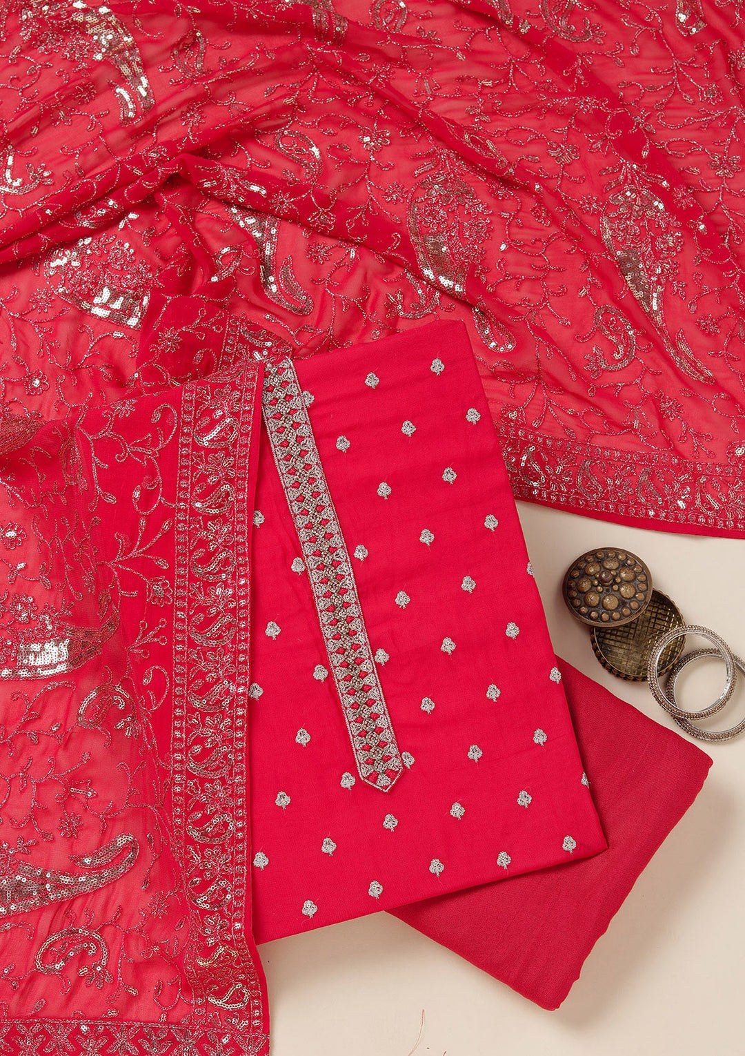 Rani Pink Sequins Organza Unstitched Salwar Suit_koskii