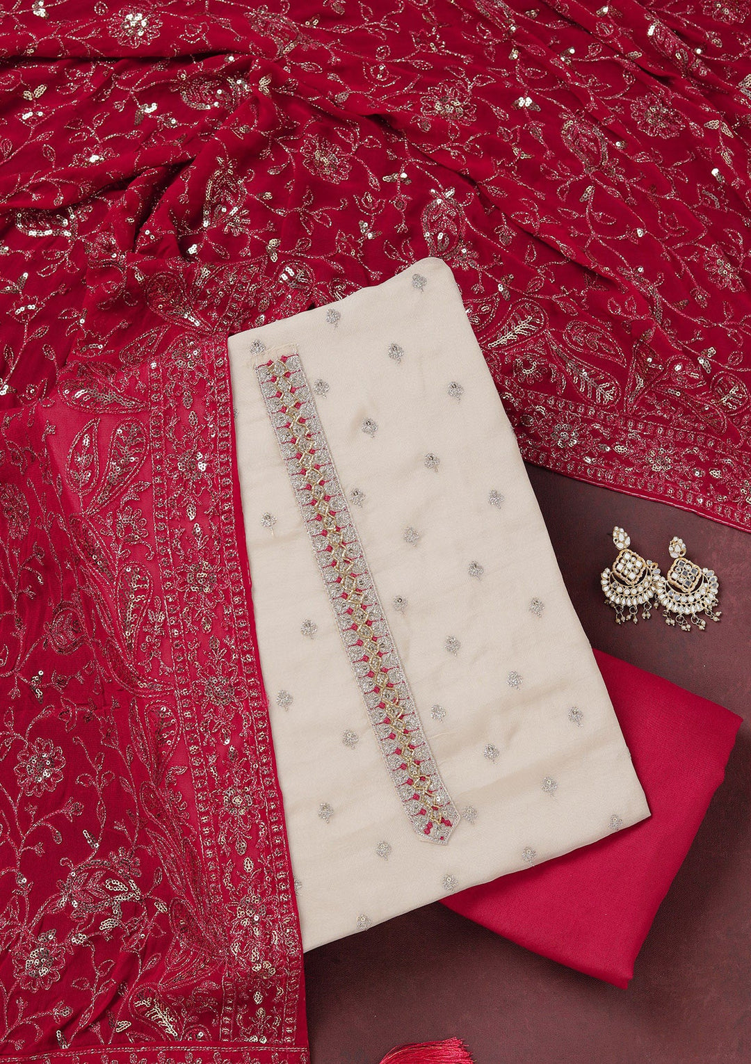 Beige Sequins Organza Unstitched Salwar Suit_koskii