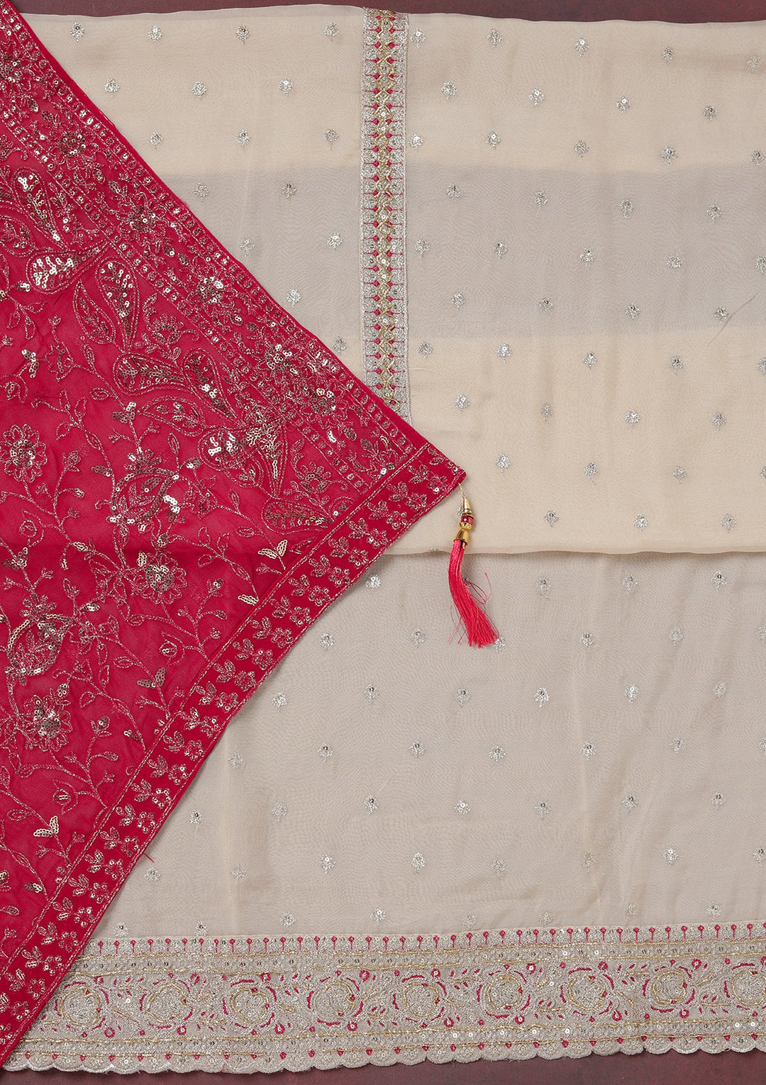 Beige Sequins Organza Unstitched Salwar Suit_koskii
