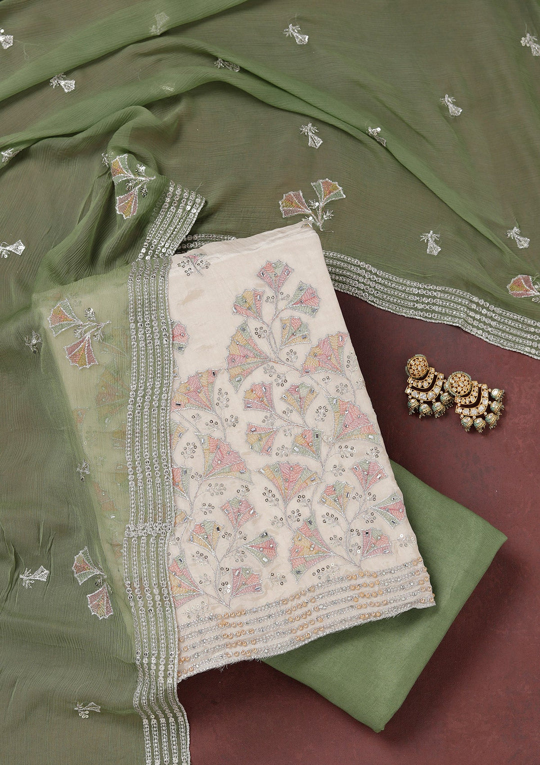 Beige Zariwork (Silver) Organza Unstitched Salwar Suit_koskii