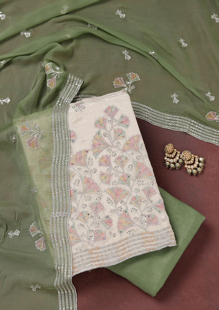 Beige Zariwork (Silver) Organza Unstitched Salwar Suit_koskii