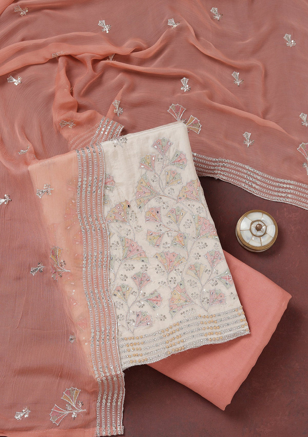 Beige Zariwork (Silver) Organza Unstitched Salwar Suit_koskii