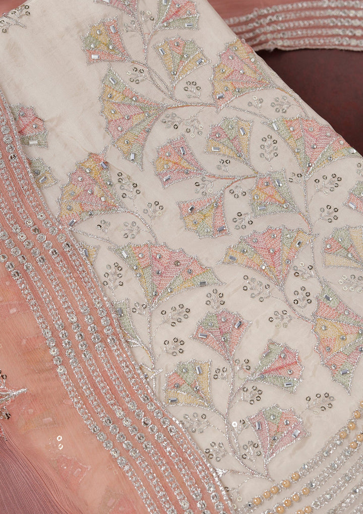 Beige Zariwork (Silver) Organza Unstitched Salwar Suit_koskii