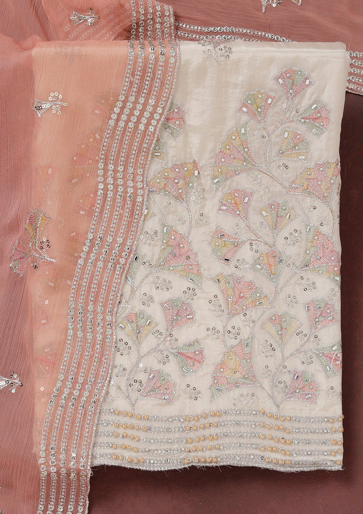 Beige Zariwork (Silver) Organza Unstitched Salwar Suit_koskii