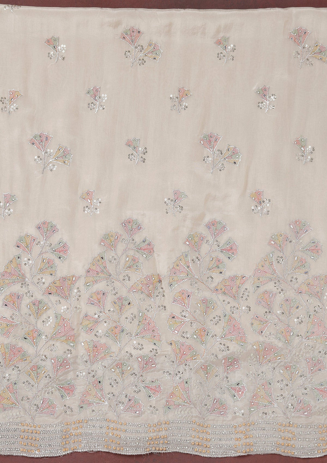 Beige Zariwork (Silver) Organza Unstitched Salwar Suit_koskii