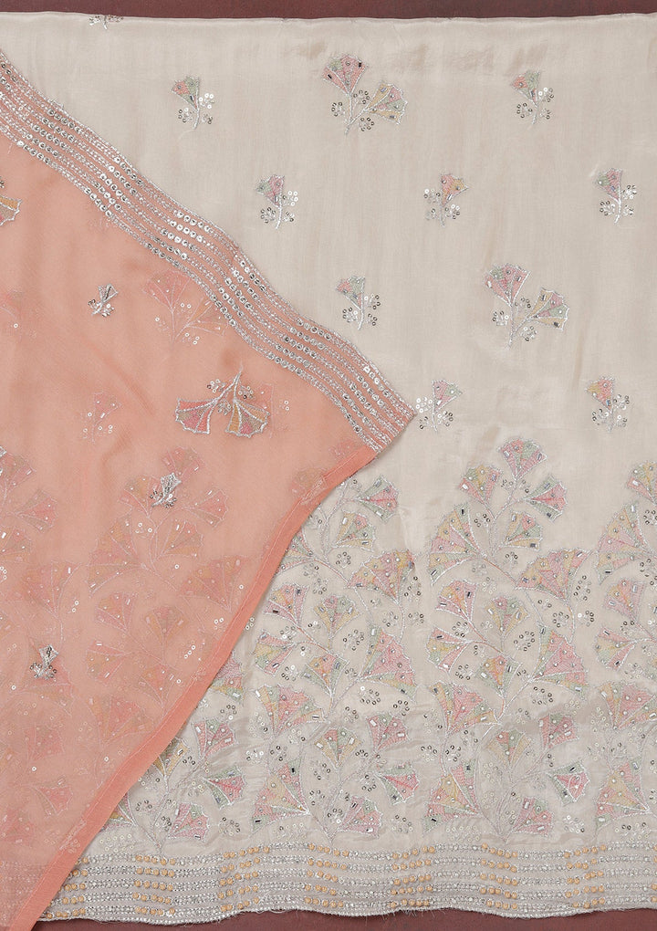 Beige Zariwork (Silver) Organza Unstitched Salwar Suit_koskii
