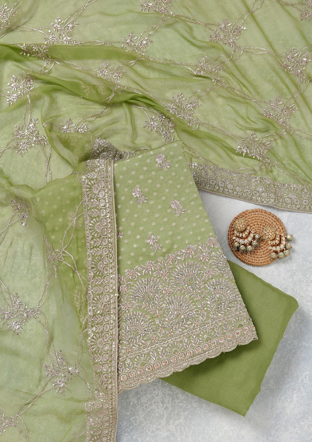 Parrot Green Zariwork (Gold) Chinon Unstitched Salwar Suit_koskii