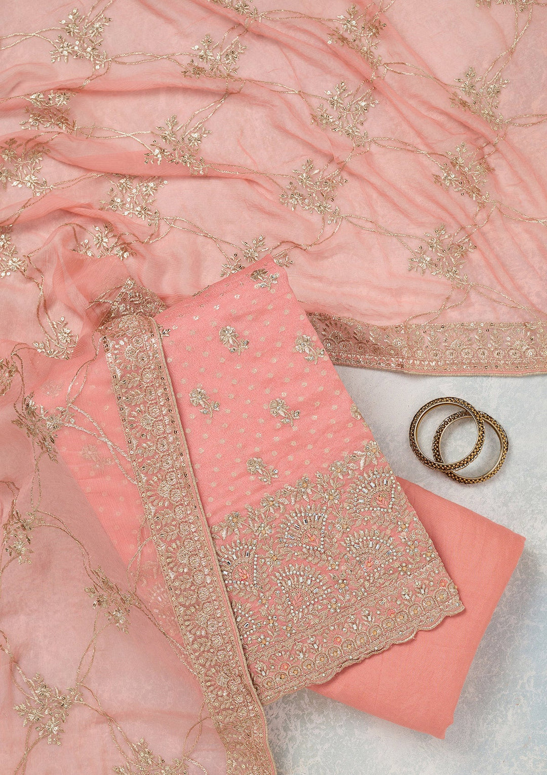 Peach Zariwork (Gold) Chinon Unstitched Salwar Suit_koskii