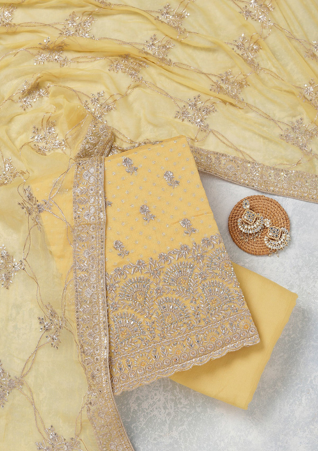 Yellow Zariwork (Gold) Chinon Unstitched Salwar Suit_koskii