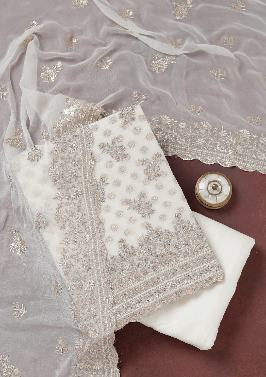 Cream Zariwork (Gold) Chinon Unstitched Salwar Suit_koskii