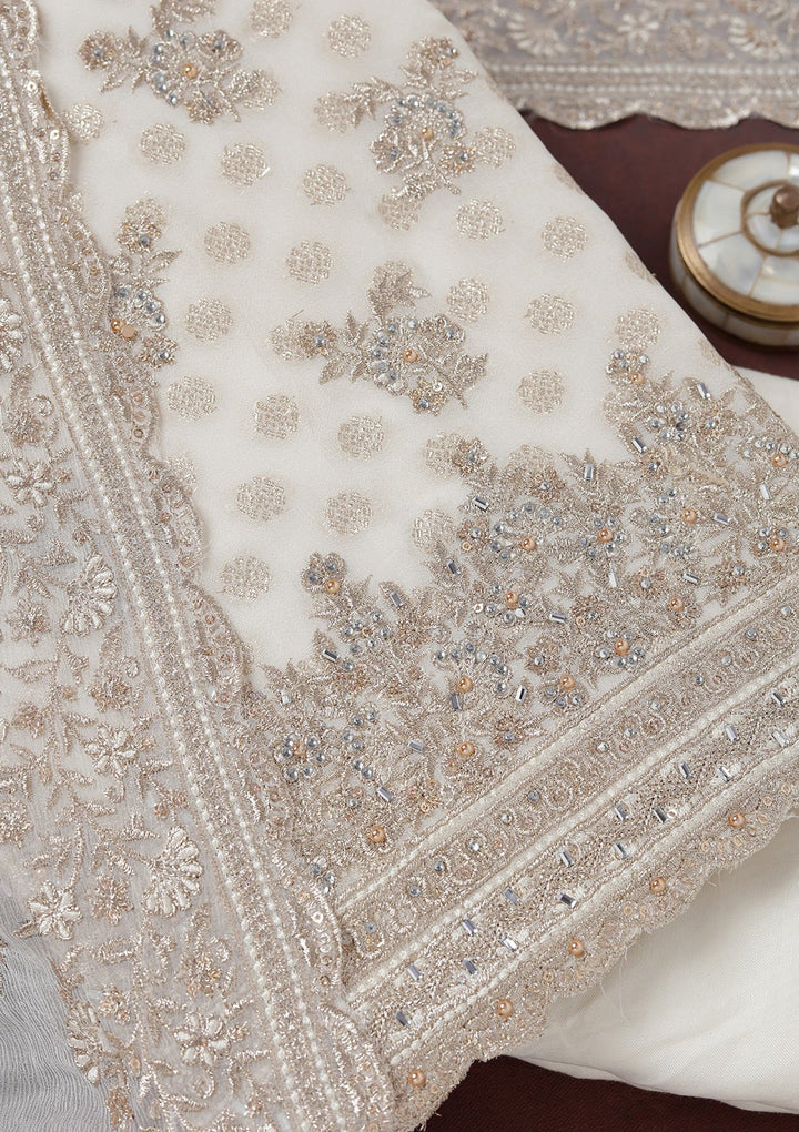 Cream Zariwork (Gold) Chinon Unstitched Salwar Suit_koskii